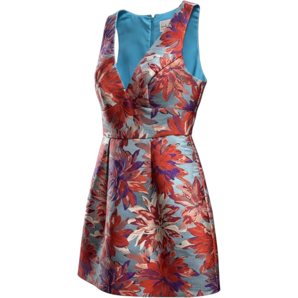 Nicole Miller New York Dress Womens 10 Blue Floral Metallic Brocade V-Neck Mini